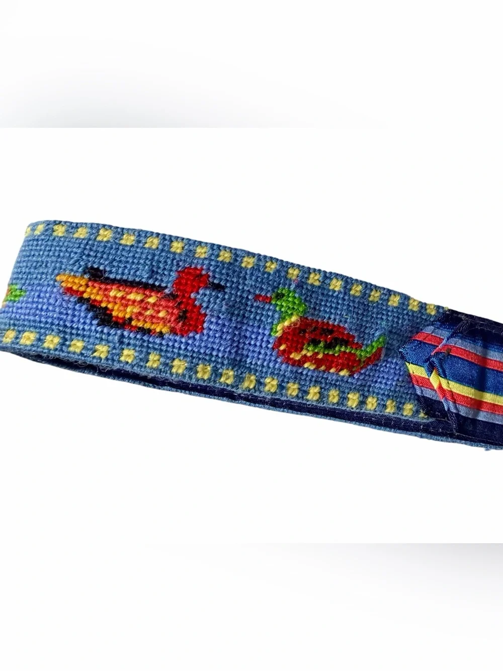 Vintage L.L. Bean Mallard Duck Needlepoint D-Ring Belt - Size XS/S
